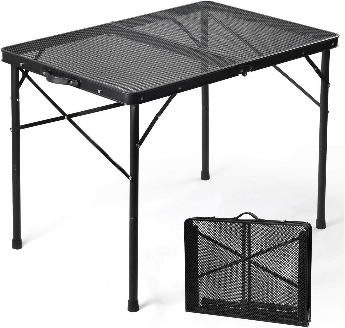 2Ft Small Folding Table with Carry Handle, Camping Table Adjustable Height 10.6–22 in, Black Metal Mesh, Portable & Compact for Outdoor/Indoor,Grill Table, 23.6×15.8 in, 4 lb, 66 lb Capacity