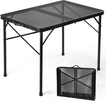 2Ft Small Folding Table with Carry Handle, Camping Table Adjustable Height 10.6–22 in, Black Metal Mesh, Portable & Compact for Outdoor/Indoor,Grill Table, 23.6×15.8 in, 4 lb, 66 lb Capacity
