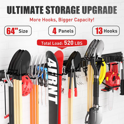 Garage Tool Organizer Wall Mount 48 inches with 10 Adjustable Heavy-Duty Hooks, Garage Organization, Garden Tool Storage Rack, Yard, and Shed, Holds Up to 400 lbs