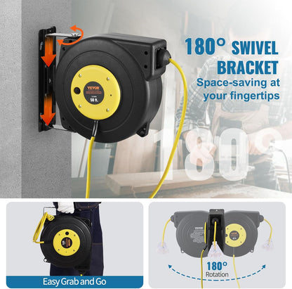 65FT Retractable Extension Cord Reel, Heavy Duty 12AWG/3C SJTOW Cord