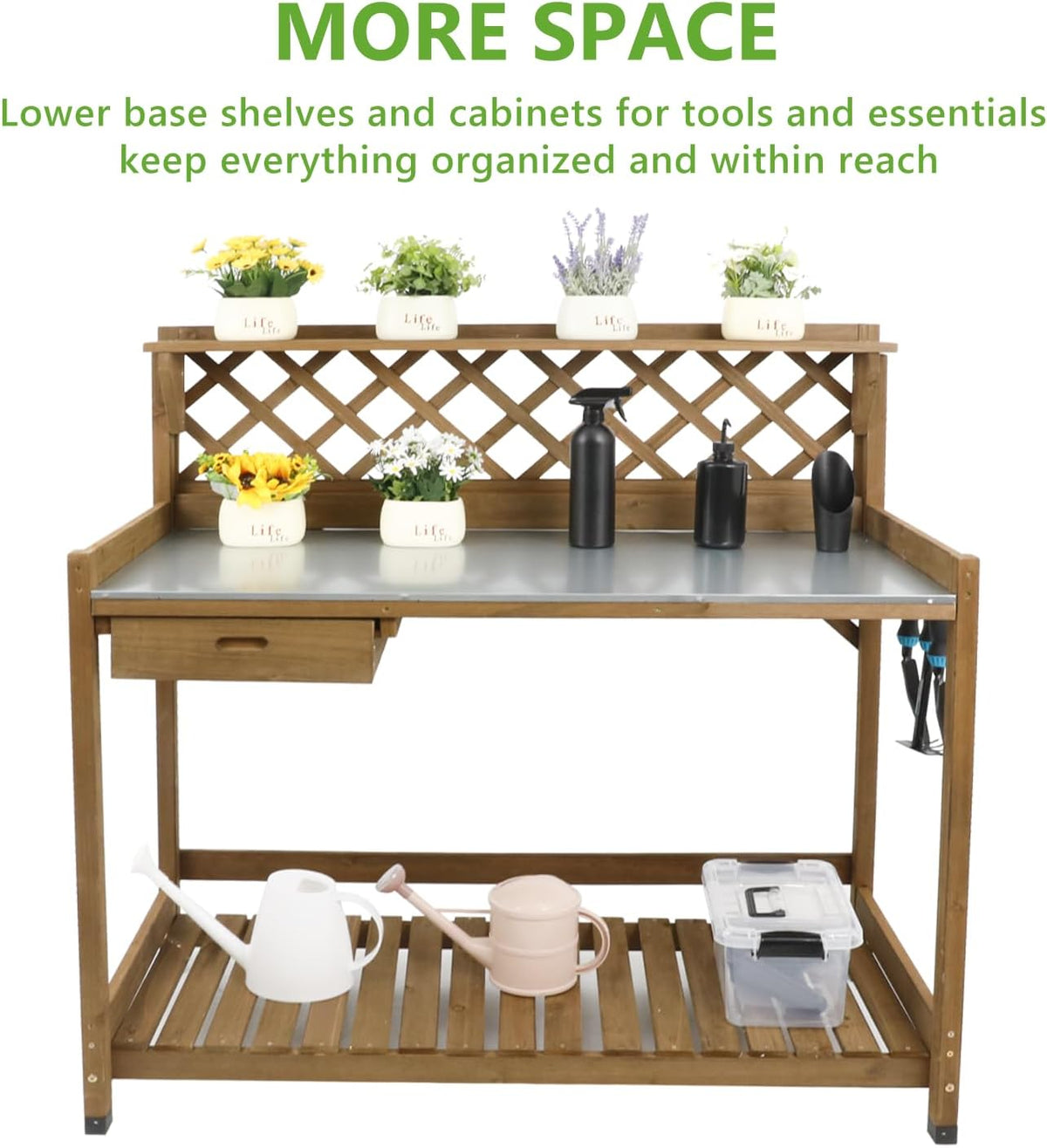 PetsCosset Folding Garden Potting Bench Table，Outdoor Wooden Work Station W/Metal Table Top,2 Tier Open Storage Rack,Top Shelf-Natural Stained