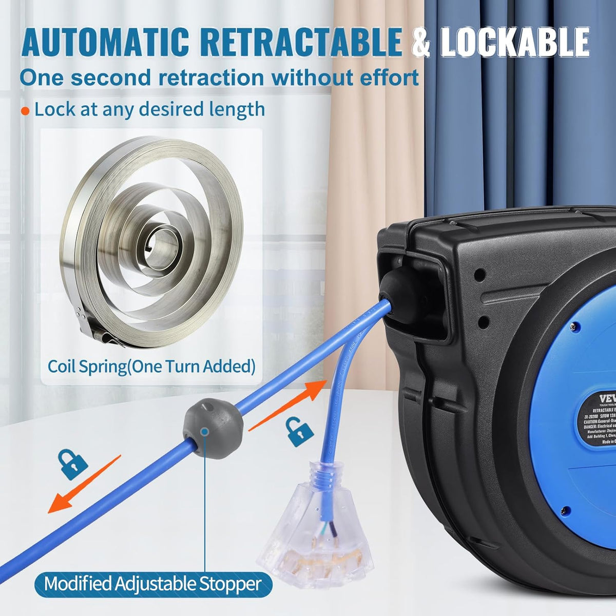 65FT Retractable Extension Cord Reel, Heavy Duty 12AWG/3C SJTOW Cord