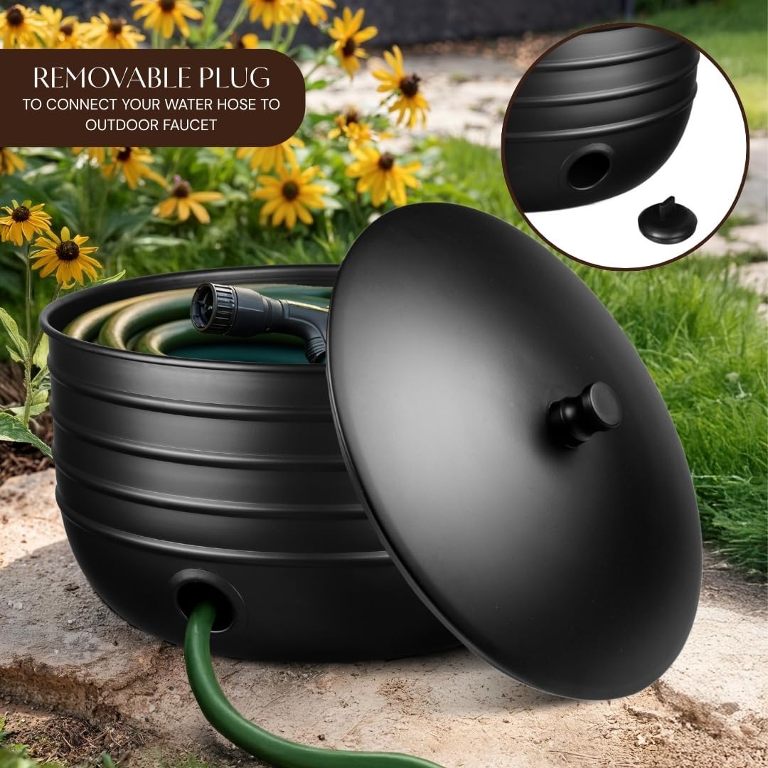 Monarch Abode Garden Hose Holder with Lid – Decorative Water Hose Holders for Outside, Border Embossed Metal Patina Pot with Drainage, 100ft Waterhose Holder for Outside, Garden Storage Caddy