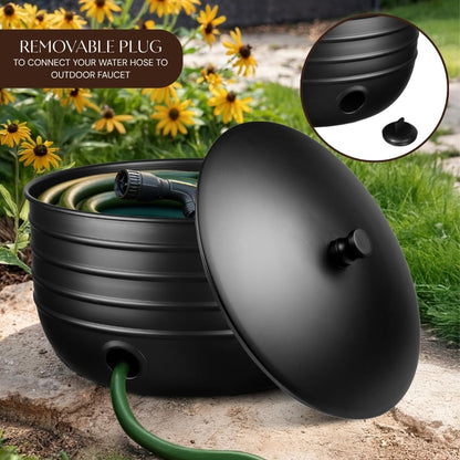 Monarch Abode Garden Hose Holder with Lid – Decorative Water Hose Holders for Outside, Border Embossed Metal Patina Pot with Drainage, 100ft Waterhose Holder for Outside, Garden Storage Caddy