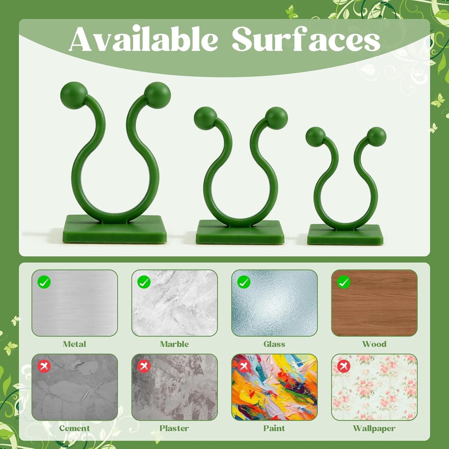 120 Pcs Plant Climbing Wall Fixture Clips, Green Plant Fixer with Self-Adhesive Hook, Fixing Clip Vines Holder for Indoor Outdoor Plants Support Cable Wire (Small, Medium, Large)