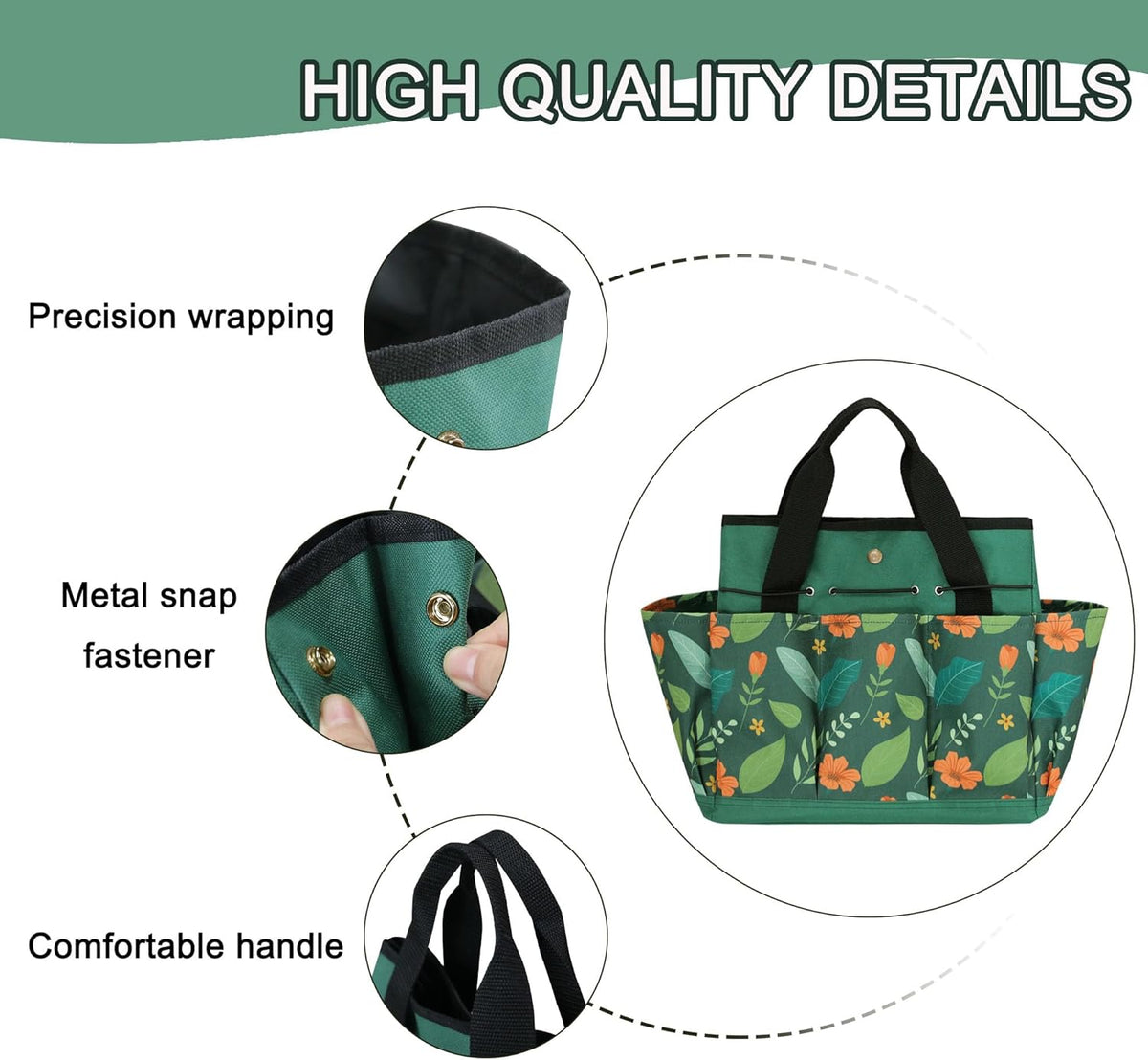 Waterproof Garden Tool Bag, 600D Oxford Portable Gardening Tote with Handle & Multi Pockets, Ideal Gifts for Parents Women (Green, Tools Not Included)
