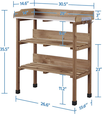 Topeakmart Potting Bench Table w/Metal Tabletop for Garden, Fir Wood Workstation w/3 Tier Shelves, Outdoor Work Bench w/Hook Natural Wood