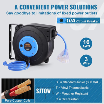 65FT Retractable Extension Cord Reel, Heavy Duty 12AWG/3C SJTOW Cord