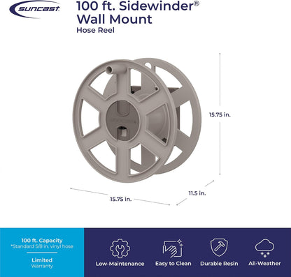 Suncast 100 ft Garden Hose Holder Wall Mount, Taupe Heavy-Duty Wall Mounted Water Hose Reel for Outside Use, Manually Retractable Sidewinder, Open Space-Saving Storage, Made in the USA