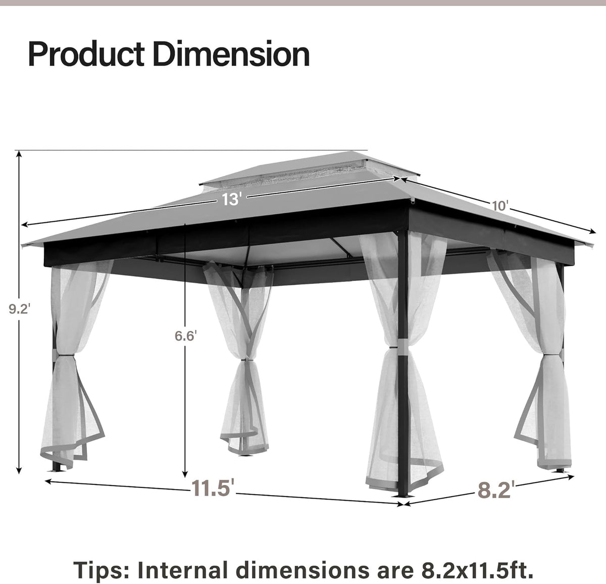 10x20 Gazebo Canopy with 100FT String Lights, Metal Heavy Duty Patio Canopy Tent with Double Roofs, Mosquito Nettings and Privacy Screens for Backyard, Garden, Lawn, Gray