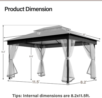 10x20 Gazebo Canopy with 100FT String Lights, Metal Heavy Duty Patio Canopy Tent with Double Roofs, Mosquito Nettings and Privacy Screens for Backyard, Garden, Lawn, Gray