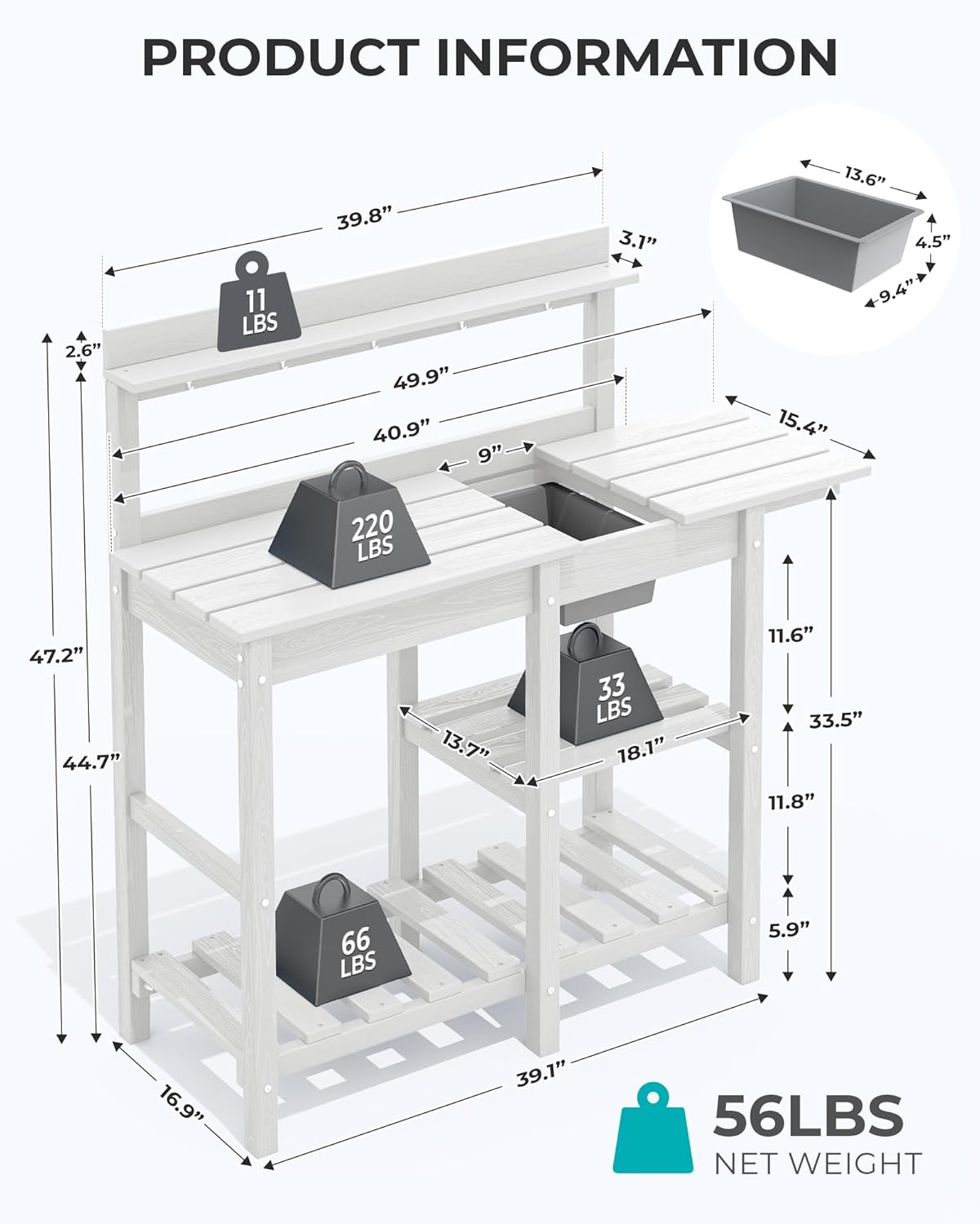 SERWALL Outdoor Potting Bench with Removeable Sink,Rot-Resistant HDPE Potting Table for Outside Gardening, All Weather Use - Gray