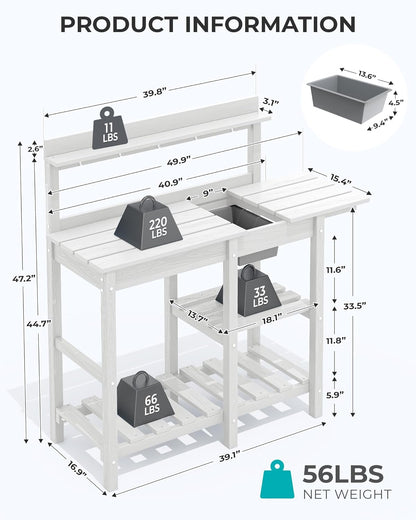 SERWALL Outdoor Potting Bench with Removeable Sink,Rot-Resistant HDPE Potting Table for Outside Gardening, All Weather Use - Gray