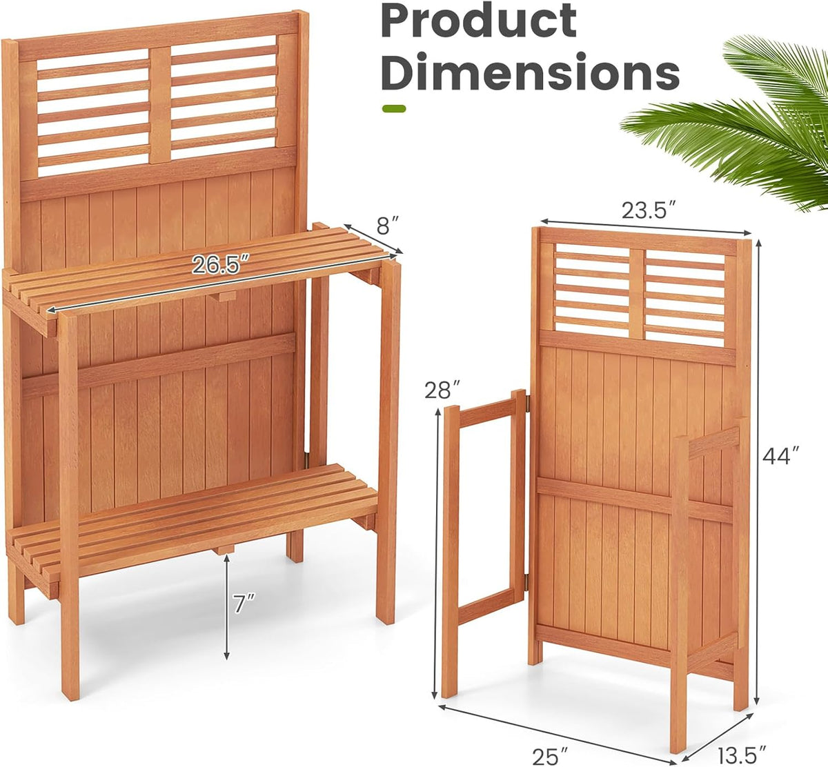 Garden Potting Bench Table, Folding Potting Bench Outdoor Workstation with Trellis & 2-Tier Shelves, Wood Potting Table for Outdoor, Deck, Balcony, Garden, Backyard