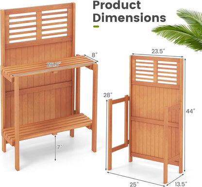 Garden Potting Bench Table, Folding Potting Bench Outdoor Workstation with Trellis & 2-Tier Shelves, Wood Potting Table for Outdoor, Deck, Balcony, Garden, Backyard