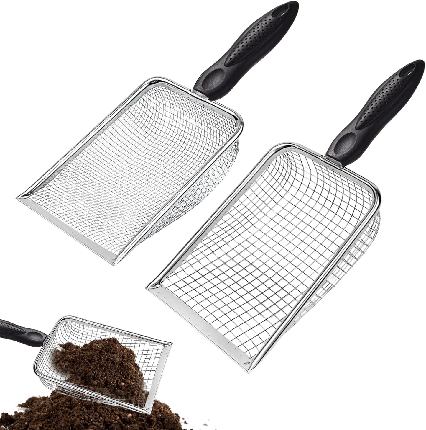 2 PCS Gardening Soil Sifter 3.8 & 5mm Mesh Stainless Steel Square Compost Sieves with Handle Portable Scoop Shovels for Soil, Rocks, Sand, Dirt