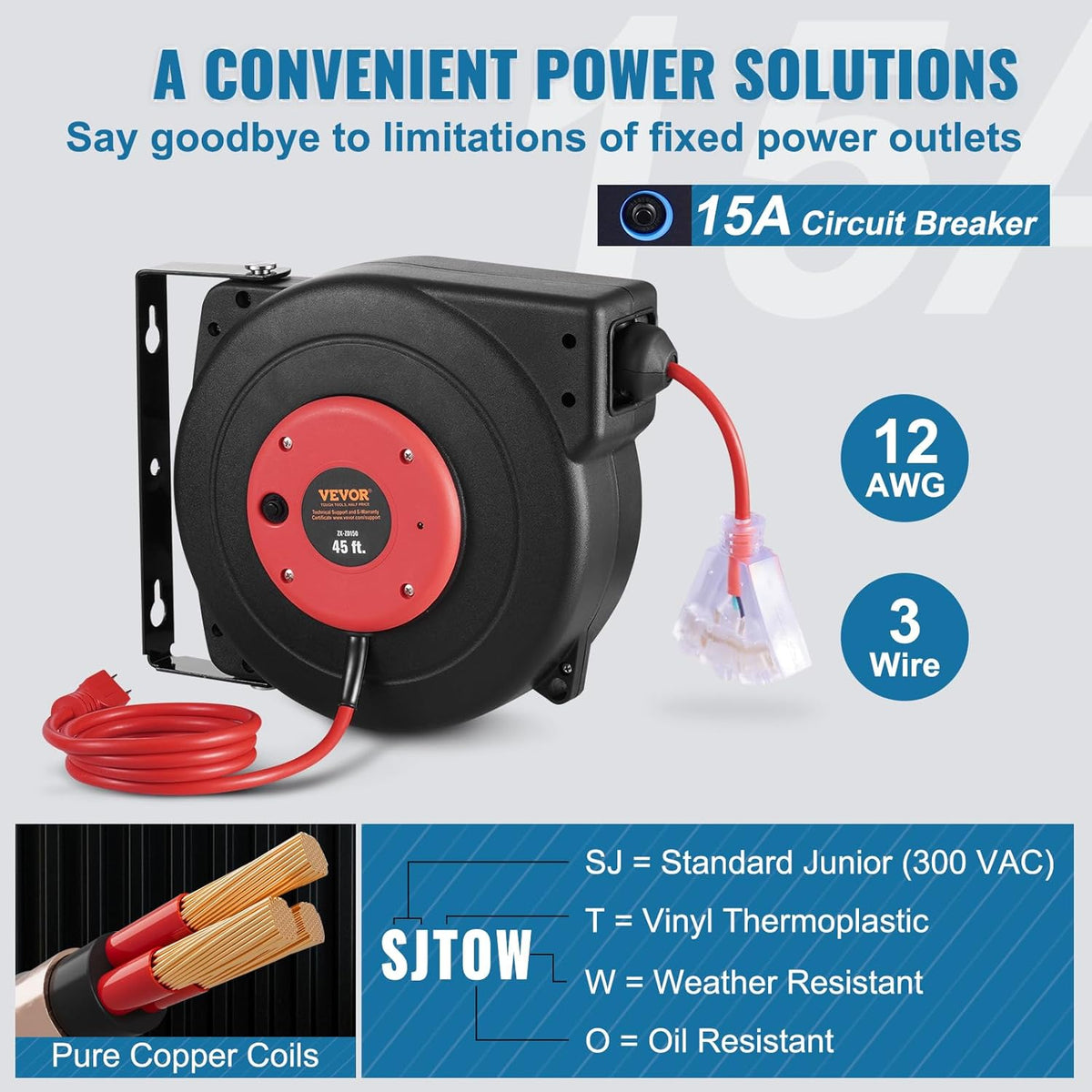 65FT Retractable Extension Cord Reel, Heavy Duty 12AWG/3C SJTOW Cord