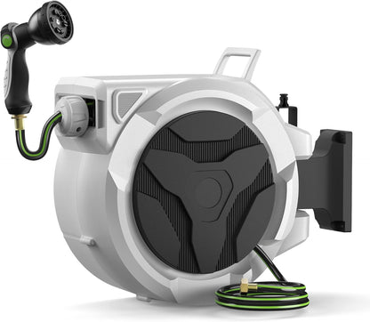 Retractable Garden Hose Reel 1/2 in x 100 ft, Heavy Duty Water Hose Reel with 10 Patterns Nozzle, Any Length Lock & Slow Rewind System, 180 Swivel Bracket Wall Mounted
