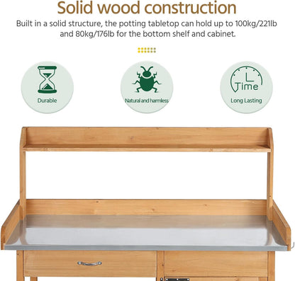 Yaheetech Outdoor Garden Potting Bench Table Work Bench Metal Tabletop W/Cabinet Drawer Open Shelf Natural Wood