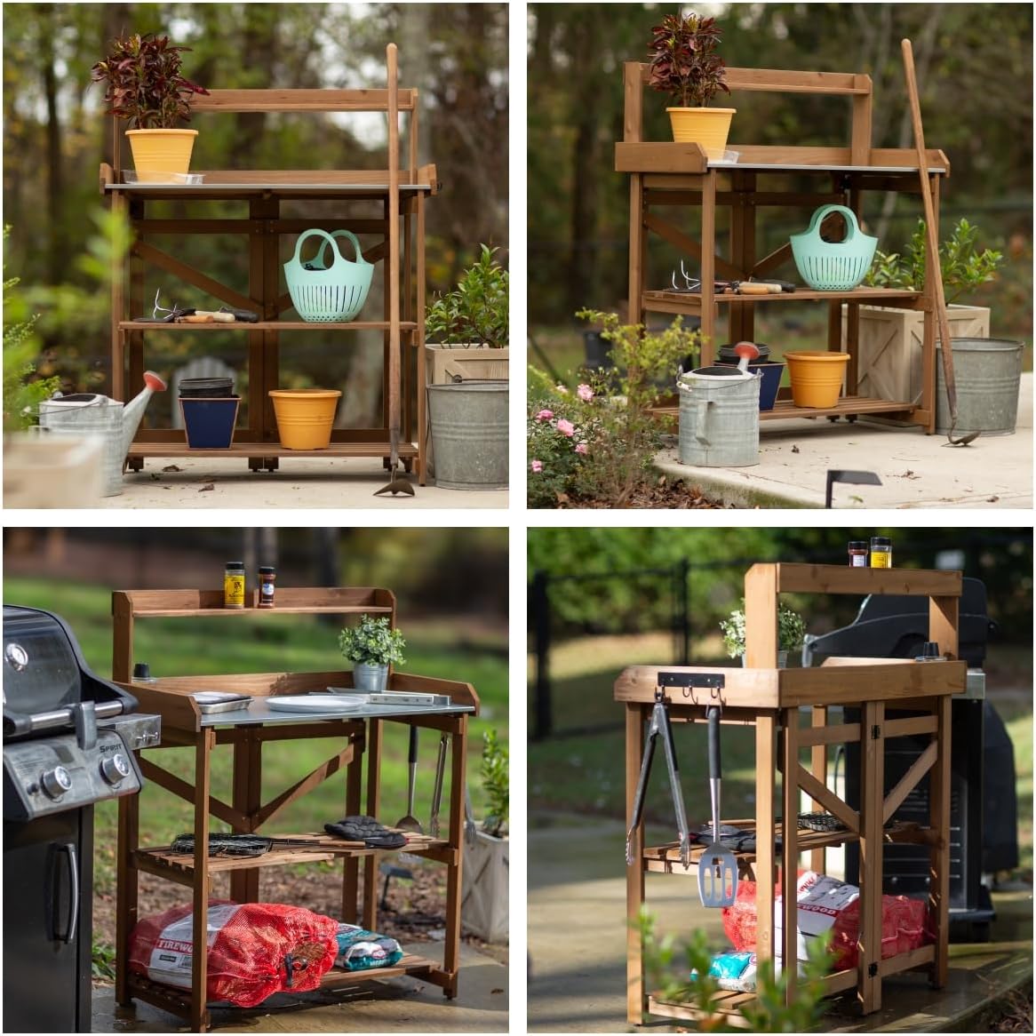 PetsCosset Folding Garden Potting Bench Table，Outdoor Wooden Work Station W/Metal Table Top,2 Tier Open Storage Rack,Top Shelf-Natural Stained