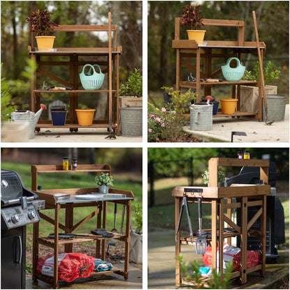 PetsCosset Folding Garden Potting Bench Table，Outdoor Wooden Work Station W/Metal Table Top,2 Tier Open Storage Rack,Top Shelf-Natural Stained