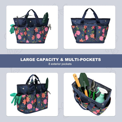 Waterproof Garden Tool Bag, 600D Oxford Portable Gardening Tote with Handle & Multi Pockets, Ideal Gifts for Parents Women (Green, Tools Not Included)