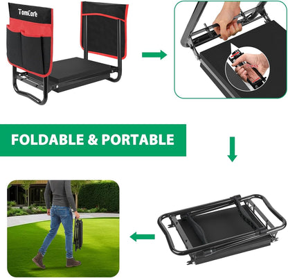 TomCare Garden Kneeler and Seat 10.64” Wider Larger Soft Kneeling Pad Garden Bench with 2 Large Tool Pouches Heavy Duty Garden Stool Foldable Tools Gardening Gifts for Women Men Gardeners