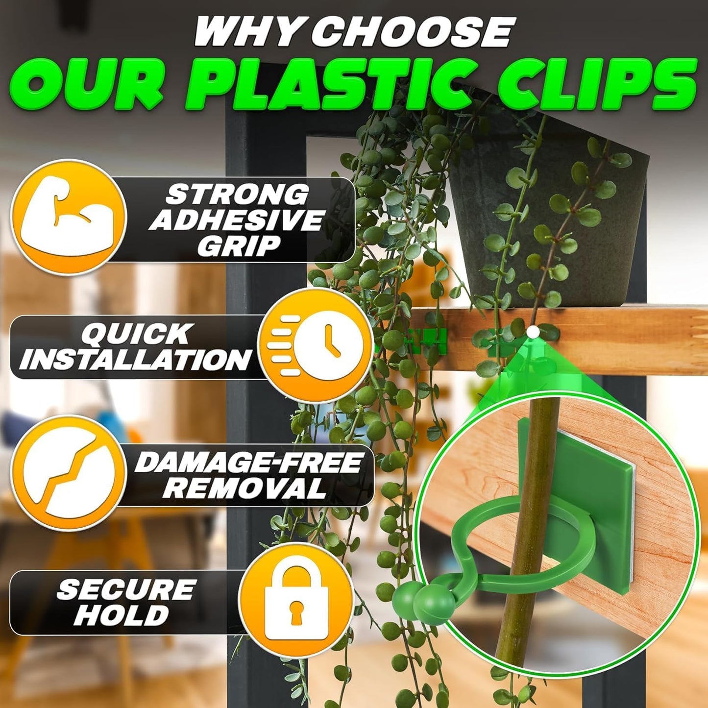 Plant Wall Clips for Climbing Plants 110 Pcs - Pothos Plant Climber Support, Large, Medium, Small Sizes Wall Clips for Support, Strong Self-Adhesive, For Indoor Plants, Cable Management & Plant Holder