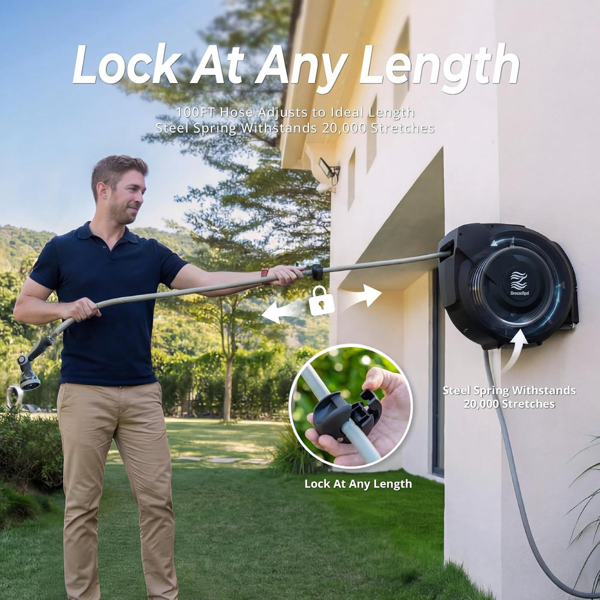 Retractable Garden Hose Reel, 1/2 inch x 50ft Wall Mounted Heavy Duty Hose Reel with Auto Rewind System, 180° Swivel Bracket, Any Length Lock, 10-Pattern Garden Hose Nozzle