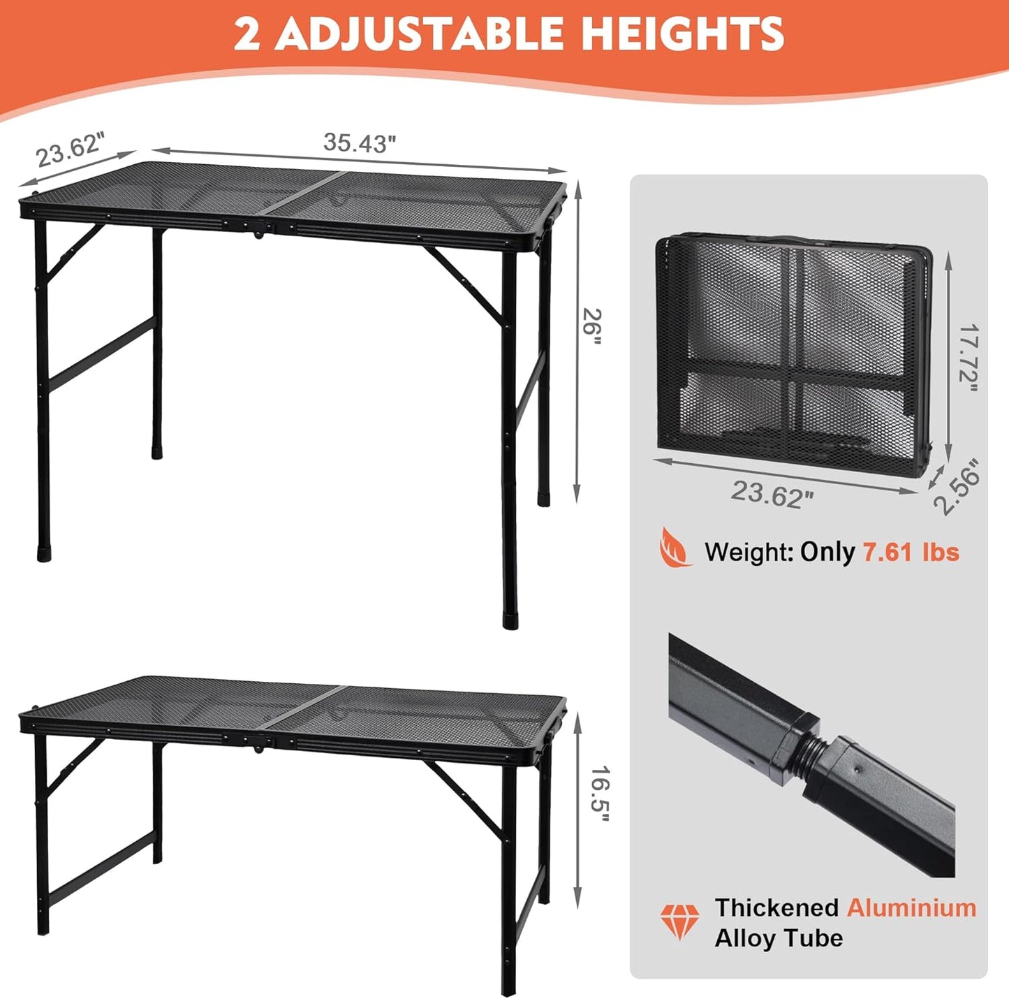 GREGIN Camping Table with Mesh Desktop, Lightweight & Portable Small Folding Grill Table, Height Adjustable Metal Outdoor Table for Camp, Cooking, BBQ, RV, Picnic-2 FT Black