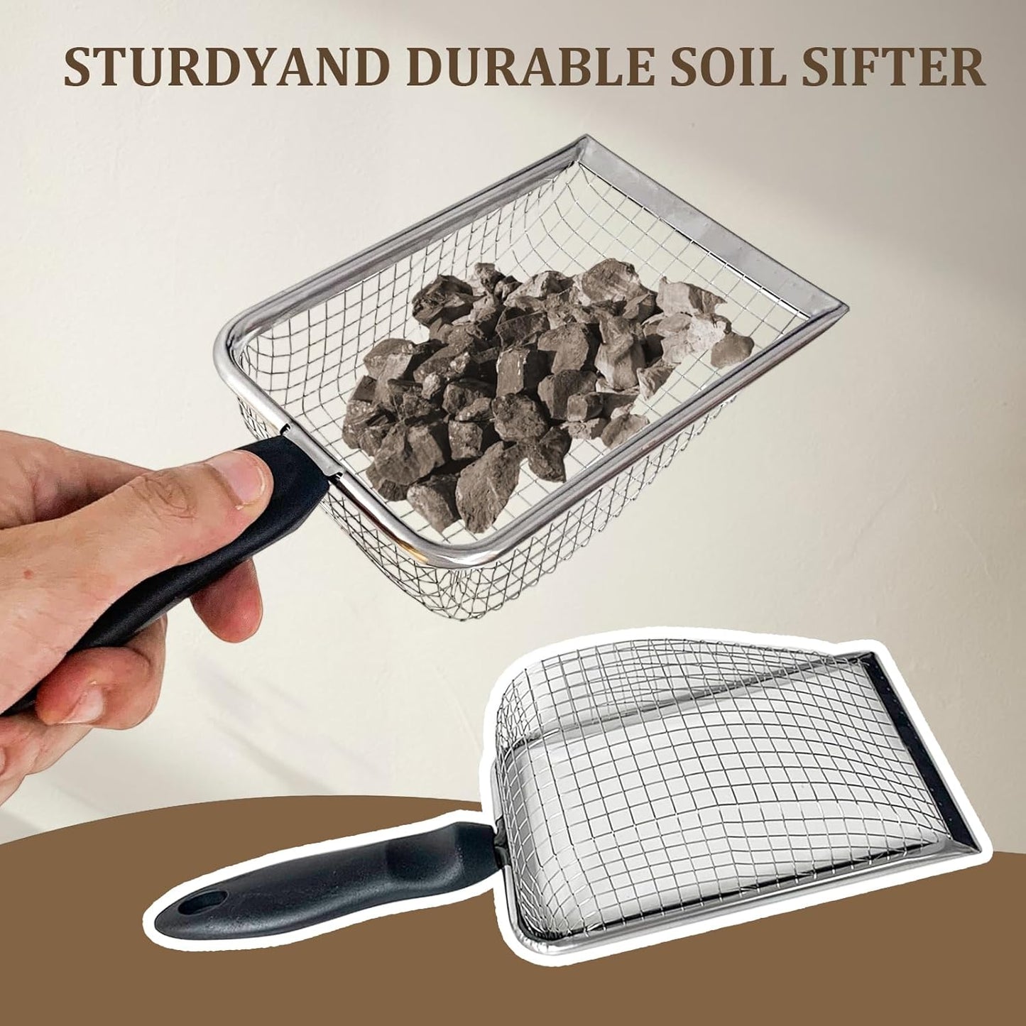 2 PCS Gardening Soil Sifter 3.8 & 5mm Mesh Stainless Steel Square Compost Sieves with Handle Portable Scoop Shovels for Soil, Rocks, Sand, Dirt
