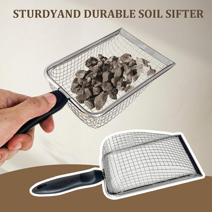 2 PCS Gardening Soil Sifter 3.8 & 5mm Mesh Stainless Steel Square Compost Sieves with Handle Portable Scoop Shovels for Soil, Rocks, Sand, Dirt