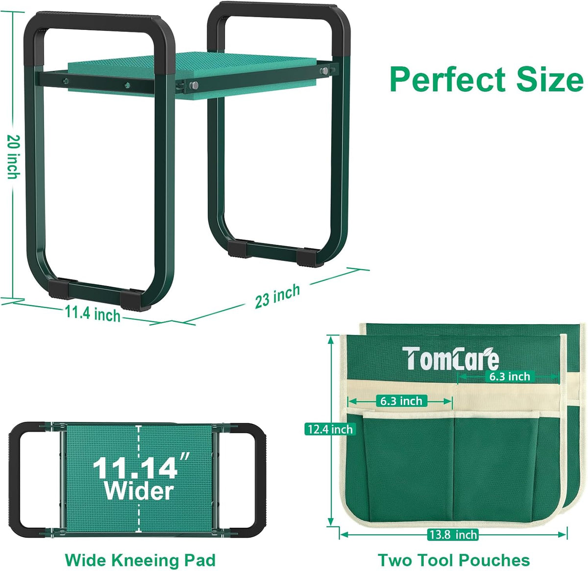 TomCare Garden Kneeler and Seat 10.64” Wider Larger Soft Kneeling Pad Garden Bench with 2 Large Tool Pouches Heavy Duty Garden Stool Foldable Tools Gardening Gifts for Women Men Gardeners