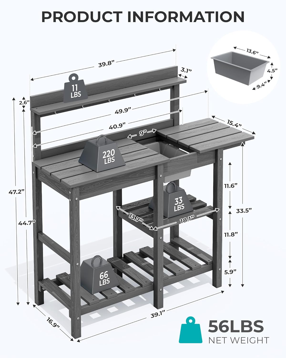 SERWALL Outdoor Potting Bench with Removeable Sink,Rot-Resistant HDPE Potting Table for Outside Gardening, All Weather Use - Gray