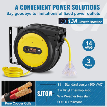 65FT Retractable Extension Cord Reel, Heavy Duty 12AWG/3C SJTOW Cord