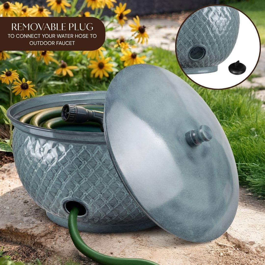 Monarch Abode Garden Hose Holder with Lid – Decorative Water Hose Holders for Outside, Diamond Embossed Metal Patina Pot with Drainage, 100ft Waterhose Holder for Outside, Garden Storage Caddy