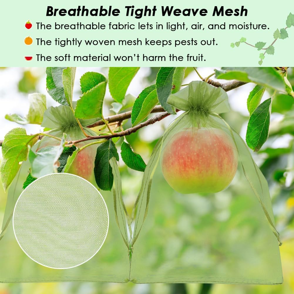Shintop 100Pcs Fruit Protection Bags, 4x6 Inch Green Strawberry Netting Cover Drawstring Mesh Bags Pest Barrier for Blueberry Small Fruit