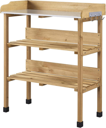 Topeakmart Potting Bench Table w/Metal Tabletop for Garden, Fir Wood Workstation w/3 Tier Shelves, Outdoor Work Bench w/Hook Natural Wood