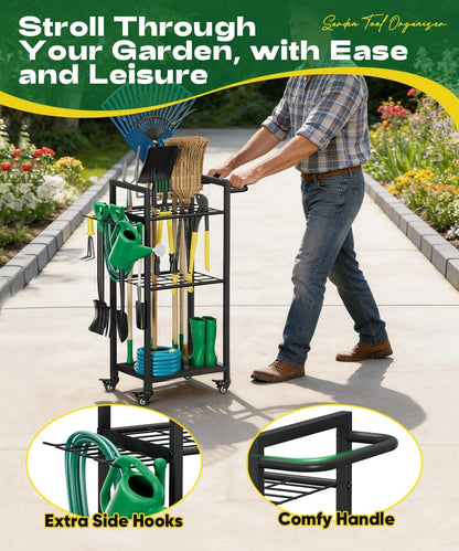 Garden Tool Organizer with Wheels, Heavy Duty 3 Tier Metal Yard Tool Storage Rack Holder with Side Hooks, Freestanding Garage Organizer for Shovels, Rakes, Brooms, Indoor Outdoor Use, Black