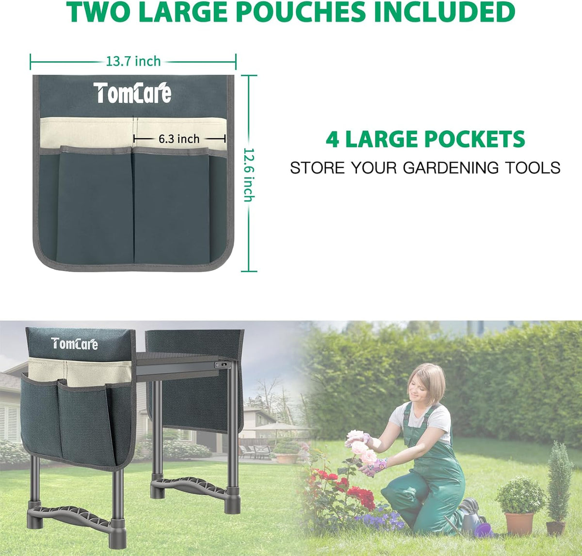 TomCare Garden Kneeler and Seat 10.64” Wider Larger Soft Kneeling Pad Garden Bench with 2 Large Tool Pouches Heavy Duty Garden Stool Foldable Tools Gardening Gifts for Women Men Gardeners