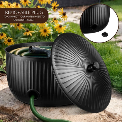 Monarch Abode Garden Hose Holder with Lid – Decorative Water Hose Holders for Outside, Ridge Embossed Metal Matte Black Pot with Drainage, 100ft Waterhose Holder for Outside, Garden Storage Caddy