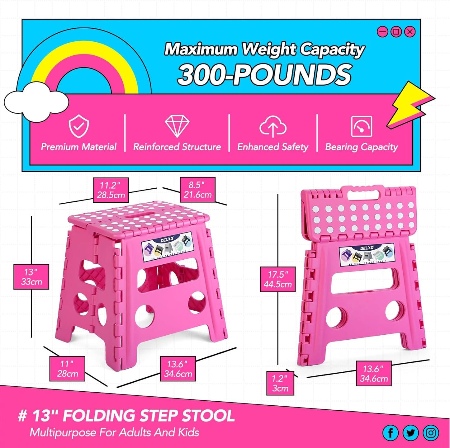 Folding Step Stool 13 Inch,300 Lbs Step Stool for Adults Black
