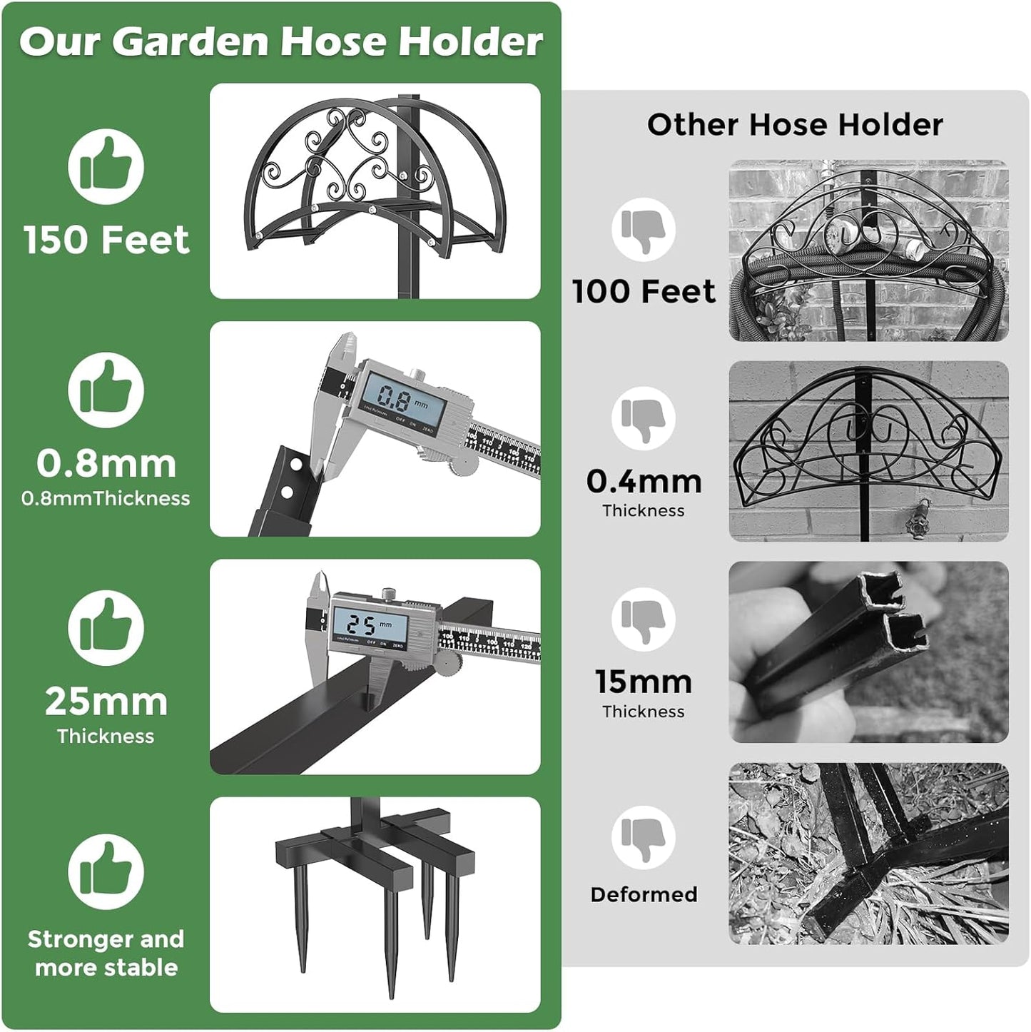 OLV Hose Holder Holds 150-ft Water Pipe, Outdoor Freestanding Heavy Duty Water Hose Holder Reel with 4 Spikes, Detachable Metal Hose Storage Stand Hanger Rack for Outside Yard Lawn Farm, Black