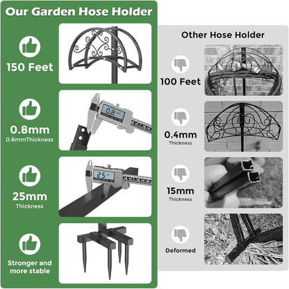 OLV Hose Holder Holds 150-ft Water Pipe, Outdoor Freestanding Heavy Duty Water Hose Holder Reel with 4 Spikes, Detachable Metal Hose Storage Stand Hanger Rack for Outside Yard Lawn Farm, Black