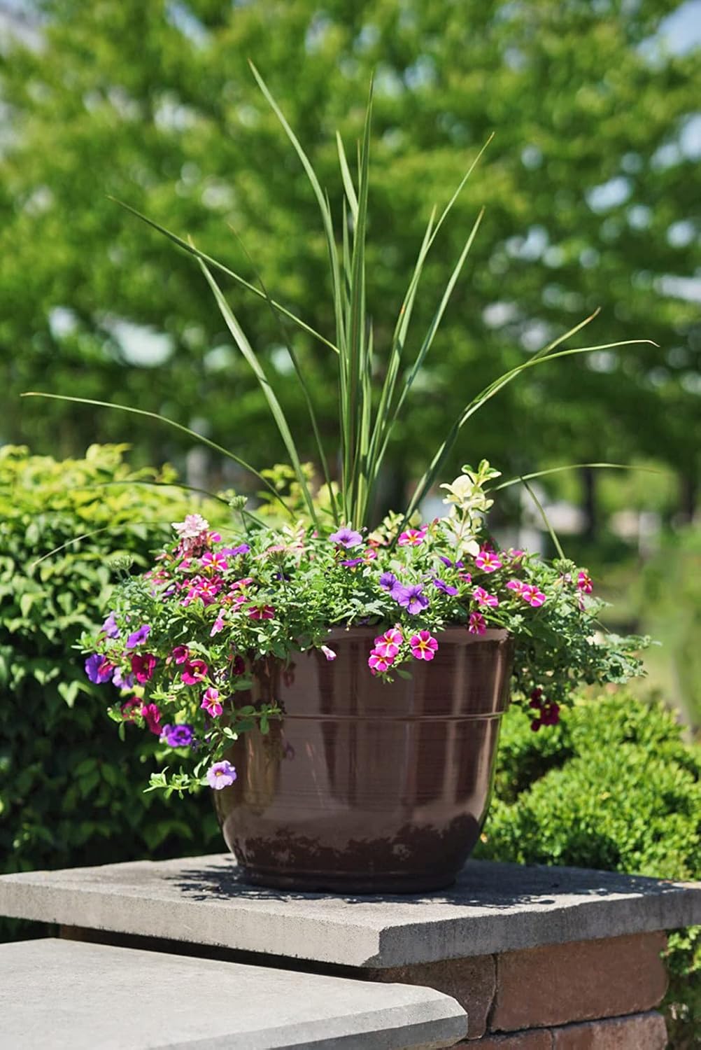Garden Elements Indoor/Outdoor Glazed Brushed Happy Plastic Planter, Large, Bright Pink, 15"