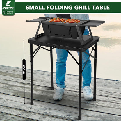 2Ft Small Folding Table with Carry Handle, Camping Table Adjustable Height 10.6–22 in, Black Metal Mesh, Portable & Compact for Outdoor/Indoor,Grill Table, 23.6×15.8 in, 4 lb, 66 lb Capacity