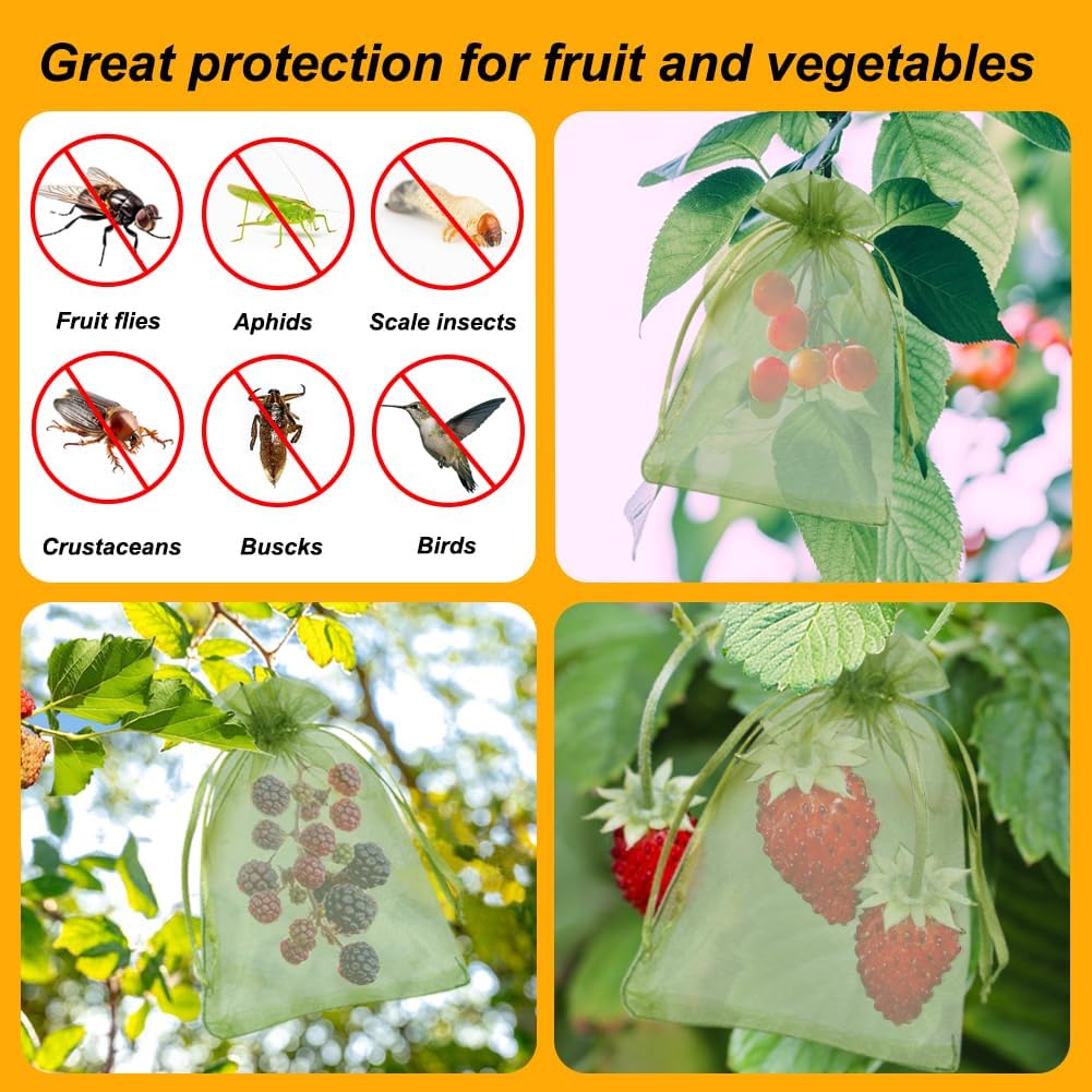 Shintop 100Pcs Fruit Protection Bags, 4x6 Inch Green Strawberry Netting Cover Drawstring Mesh Bags Pest Barrier for Blueberry Small Fruit