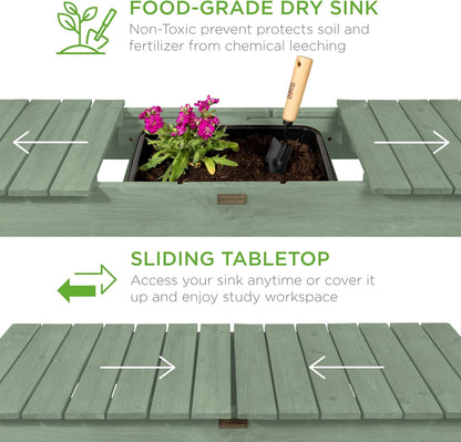 Best Choice Products Mobile Garden Potting Bench, Outdoor Wood Workstation Table w/Sliding Tabletop, 4 Locking Wheels, Food Grade Dry Sink, Storage Shelves - Sage Green