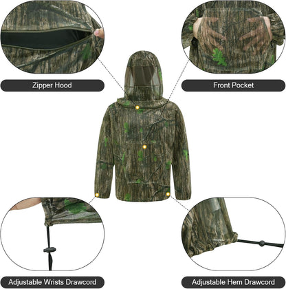 Mosquito Netting Suit Bug Net Mesh Clothing with Hood Outdoor Garden Hunting Camo Protection from Fly Insects Bugs