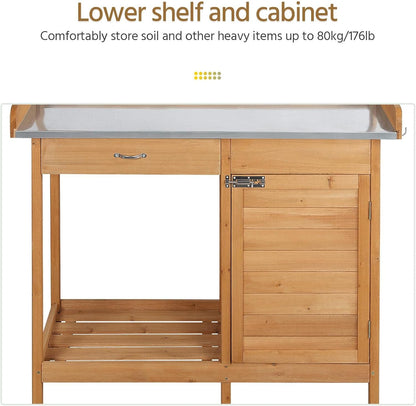 Yaheetech Outdoor Garden Potting Bench Table Work Bench Metal Tabletop W/Cabinet Drawer Open Shelf Natural Wood